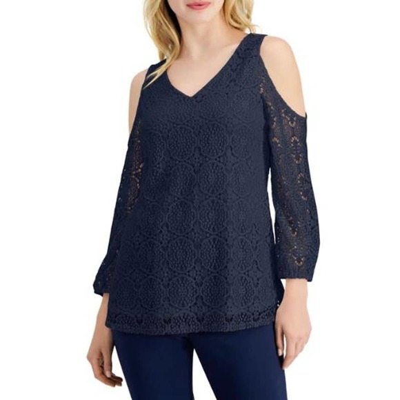 JM Collection Navy Cold Shoulder Lace 3/4 Sleeve V Neck Top NWT Size Small - Picture 1 of 12